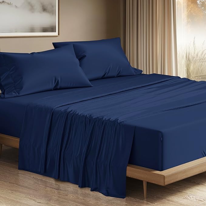 THREAD SPREAD 100% Egyptian Cotton Sheets California King Size - 1200 Thread Count 4 PC Calking Sheet Egyptian Cotton, Cooling Sateen Sheets, High Count Sheet California King - Navy Blue