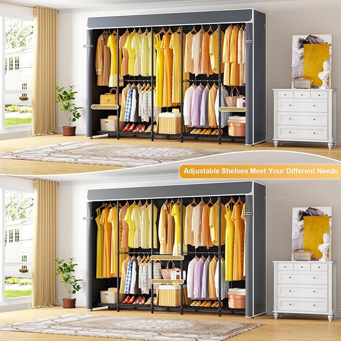 H50C Extra Large Clothes Rack with Cover, Freestanding Portable Closet, Covered Clothing Racks for Hanging Clothes, Heavy Duty Garment Rack, Wardrobe Closet with Gray Cover Max Load 1350 Lbs