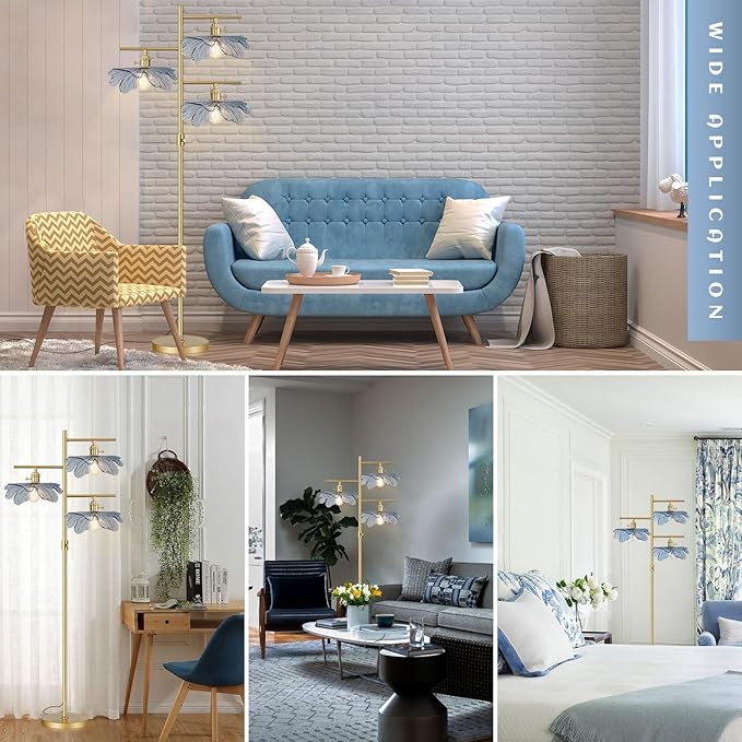 Gold Dimmable floor lamp tall lamp for living room corner ,vintage retro floor lamp Brass Tree Lamp Blue Glass Shade ,Standing Lamps mid century modern floor light for Bedroom corner Study Office