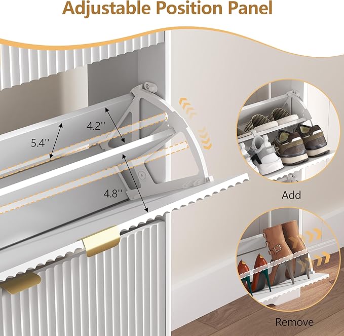 Shoe Cabinet Storage for Entryway with 2 Flip Drawers, White Fluted Shoe Cabinet with Open Storage, Wooden Hidden Shoe Rack Freestanding Narrow Slim Shoes Organizer for Hallway, Entrance