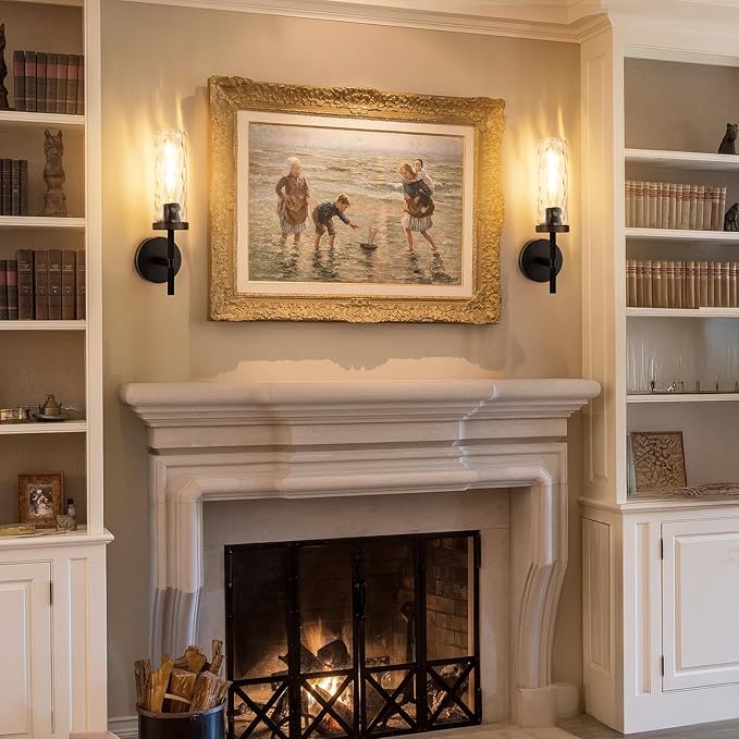 15" Knurled Brass Wall Sconces Set of 2, Black Gold Bathroom Vanity Light Fixtures with Water Ripples Glass Tube, Modern Lamp Lighting for Bedroom, Living Room, Hallway, Staircase, Mirror, Kitchen