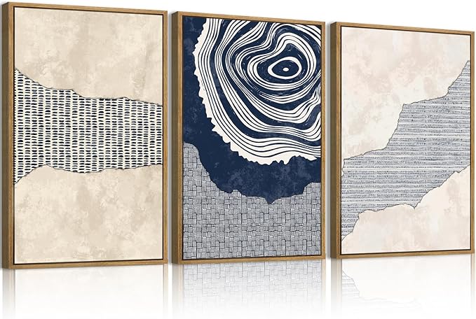 Anyzal Large Navy Blue Tree Rings Wall Art Framed Modern Abstract Neutral Paintings Artwork for Living Room Bedroom Office 16x24 Inch Set of 3
