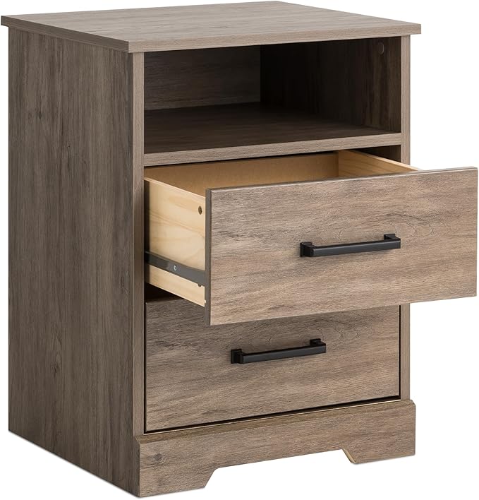 Prepac Rustic Ridge Farmhouse Nightstand Bedside Table, Brown Nightstand for Bedroom, End Table with 2 Drawers and Open Shelf 16.25"D x 18.75"W x 24.5"H