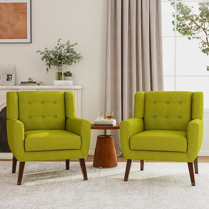 Accent Chairs Set of 2, Modern Fabric Armchairs for Living Room, Comfy Upholstered Arm Chairs Tufted for Indoor Bedroom Office Room (Green)