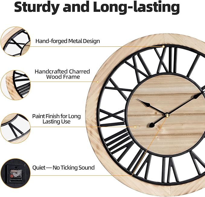 Maxstar 16'' Wall Clock for Living Room Decor, Ultra-Silent Rustic Wooden Farmhouse Wall Clock with Metal & Real Wood Frame, Battery Operated, for Kitchen Bedroom Office, Roman Numerals