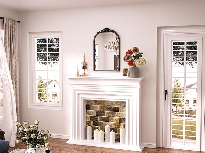 Keonjinn Black Vintage Arched Mirror for Wall, 16" x 24" Antique Mirrors with Metal Frame, Baroque Style Decoration for Mantle, Bathroom, Living Room, Fireplace, Bedroom, French Cleat Mounting