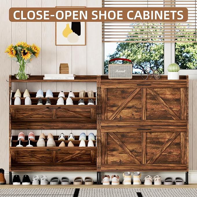 Urban Deco Shoe Storage Cabinet for Entryway, Organizer Shoe Cabinet with 2 Flip Drawers, Elegant 2 Tier Freestanding Shoe Cabinet (Brown)