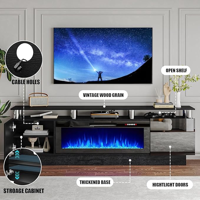 70" Modern Fireplace TV Stand with 36" Electric Fireplace for TVs Up to 80 inch, Luxury LED Light Entertainment Center with High Gloss Cabinet, TV Consoles for Living Room, Black