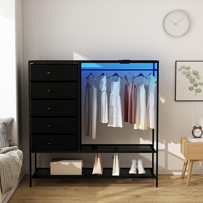 Dresser with Hanging Rack, Black Dresser for Bedroom, Chests of Drawers for Closet, 5 Fabric Drawers Clothes Rack, with Sturdy Metal Frame, LED Lights, Charging Station