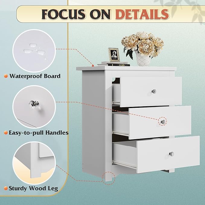 WLIVE Tall Nightstand with Charging Station, Wood Nightstand with 3 Drawers, White Side Tables Bedroom, Dorm, End Table with 2 USB Ports and 2 AC Outlets, Bedside Table