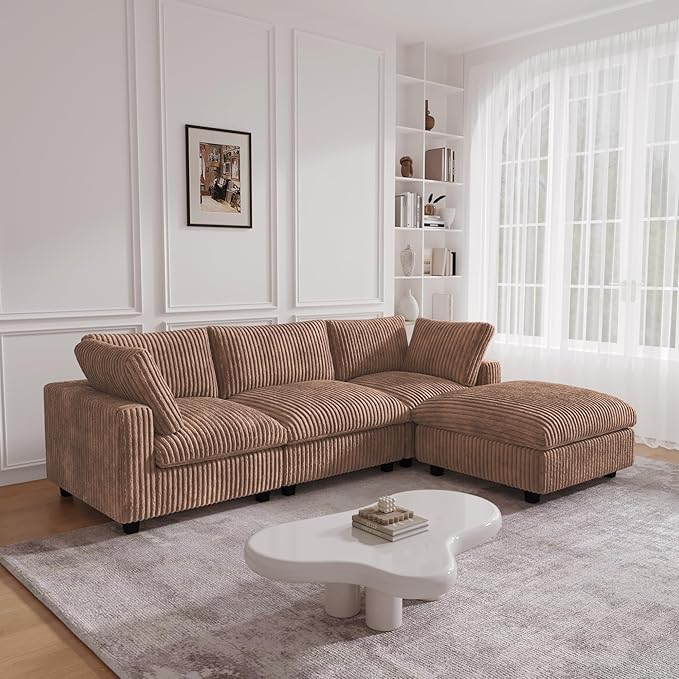 JACH 118" L Shape Sectional Couch, Convertable Modular Couches with Chaise Ottoman, Modern Deep Seat Sofas, Sofa Covers Washable, Minimalist Plush Couch for Living Room, Apartment, Brown