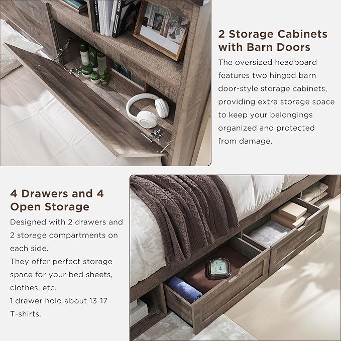 Farmhouse Queen Size Wood Bed Frame with 52" Tall Storage Headboard and 4 Drawers,LED Light,Charging Station,Solid Wood Slats Support,Noiseless,No Box Spring Needed,Light Brown