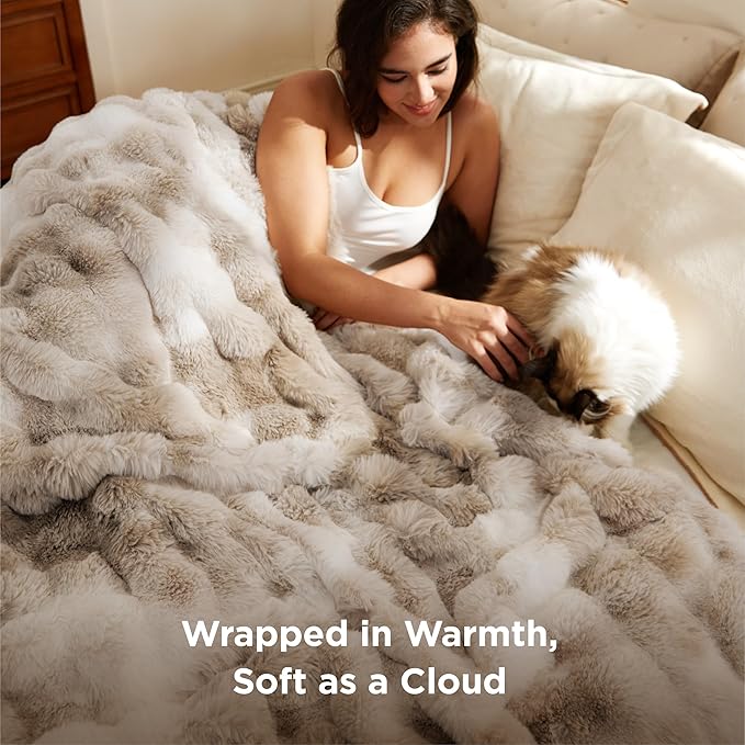 Bedsure GentleSoft Fluffy Faux Fur Blanket Twin Size, Fuzzy Soft Bubble Blanket for Couch, Faux Fur Decor for Home Bedroom Living Room, Thick Furry Cozy Gifts for Women, Tie-dye Taupe, 60x80 Inch