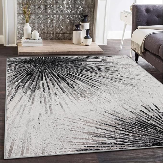 Lahome Modern Black 8 x 10 Area Rugs for Living Room - Washable Non-Slip Backing Large Rug Ultra-Thin Stain Resistant Dining Room Rugs for Under Table, Abstract Print Soft Rug for Bedroom Office