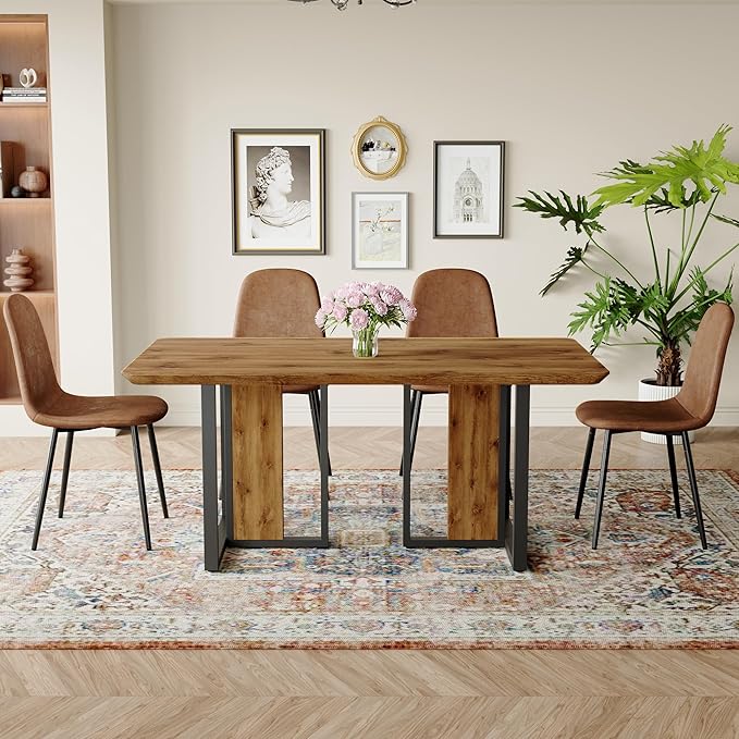 JUFU Dinner Table Set for 4, 67'' Wood Faux Marble Dining Table Set for 4 with PU Upholstered Chairs, Modern Rectangle Dining Set of 4 Chairs and Table, Ideal for Kitchen, Sturdy and Easy Assembly