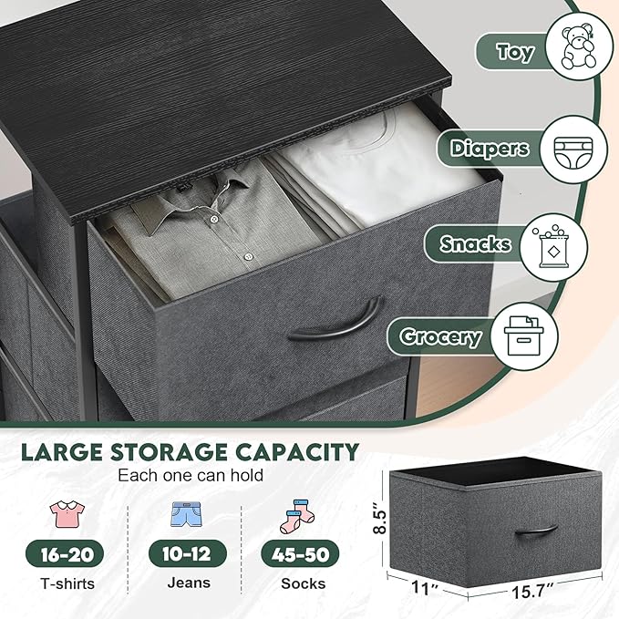 5 Fabric Drawer Dresser for Bedroom, Chest of Drawers with Waterproof Wood Top Tall Dresser for Hallway, Living Room, Kid Room (Grey and Charcoal Black)