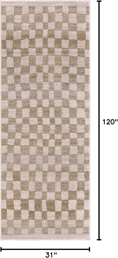Hauteloom Pertek Modern Checkered Runner Rug - Modern Geometric Carpet for Hallway, Kids Room, Nursery - Bohemian Boho Carpet - Cream, Gold - 2'7" x 10'