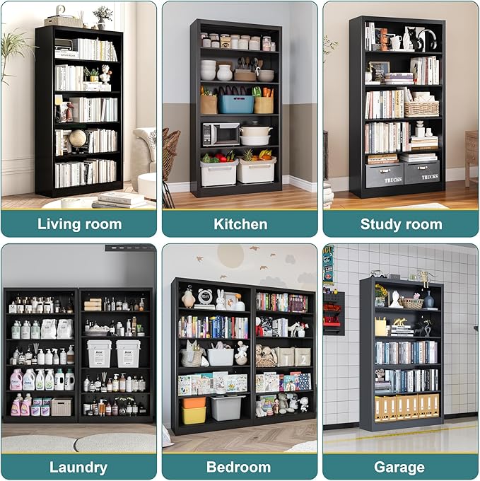 66"Heavy-Duty Steel Open Storage Cabinet with Adjustable Shelves, 6-Tier Shelving Unit, Easy Assembly Freestanding Organizer for Garage, Pantry,Office, Living Room (Black, 5 Tier-66"Hx 33"W x14"D)