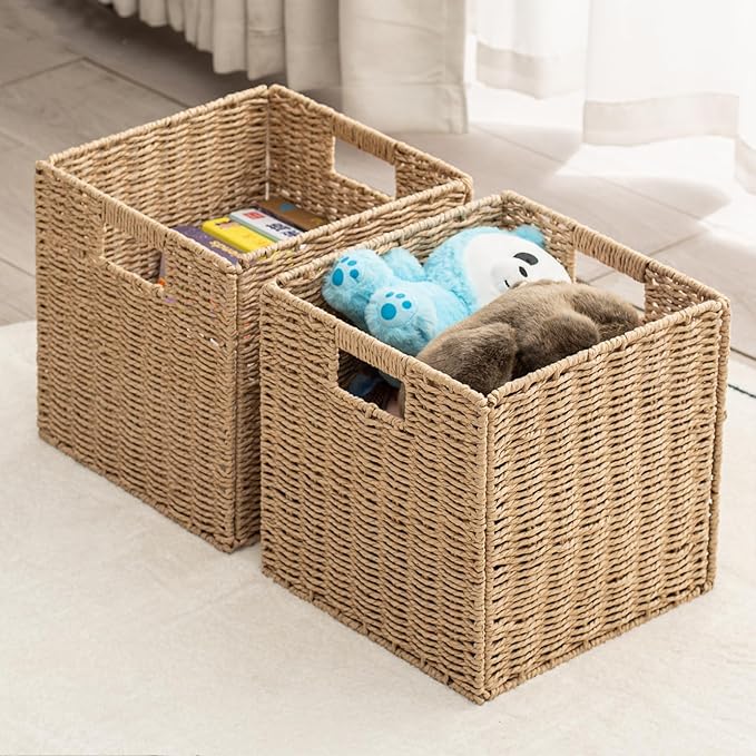 Handwoven Paper Woven Cube Basket Organizer with Handles set of 4 Foldable Storage baskets for Bedroom Living Room Cubby Storage Units for Clothes Books Toys (Natural, 13" L x 13" W x 13" H)