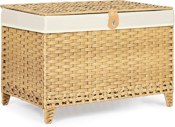 Wicker Storage Basket with Lid,Rattan Shelf Basket with Removable Liner Bag,200L Storage Bin,Storage Trunk with Heightened Feet,Storage Container for Wardrobe,Home Organizer
