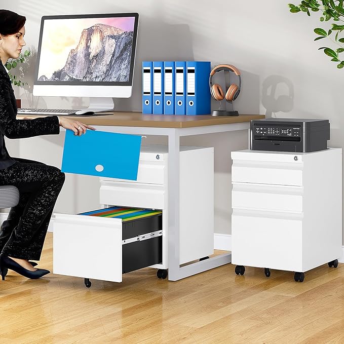 3 Drawer File Cabinet with Wheels,Under Desk File Cabinet with Lock,White Rolling Filing Cabinets,Three Drawer Metal Filing Cabinet for Home Office,Fit A4/Letter/Legal,Fully Assembled Except Caster