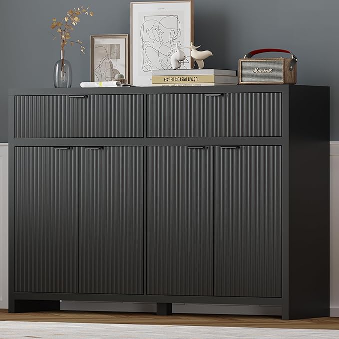 Fluted Sideboard Buffet Cabinet with Storage and Large Drawers, 55" W Credenza Storage Cabinet for Living Room or Entryway, 40'' H Farmhouse Buffet Table with Adjustable Shelves, Console Cabinet