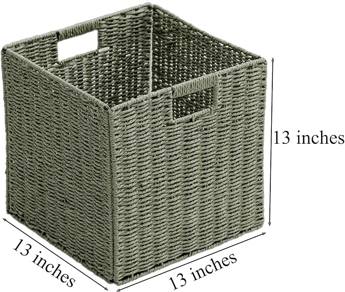 Handwoven Paper Woven Cube Basket Organizer with Handles set of 4 Foldable Storage baskets for Bedroom Living Room Cubby Storage Units for Clothes Books Toys (Green, 13" L x 13" W x 13" H)