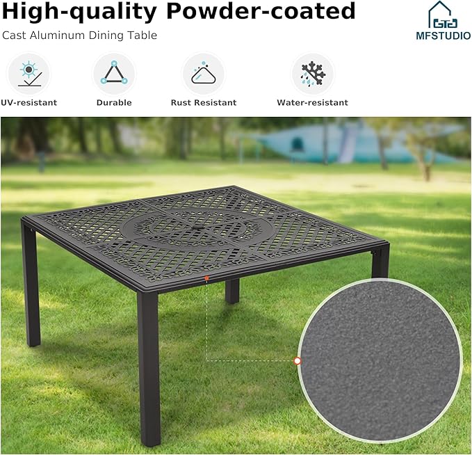 MFSTUDIO Pieces Patio Dining Set, All Weather Patio Furniture Set for with Rectangular Cast Aluminum Table and Wicker Chairs, Outdoor Patio Table and Chairs Dining Set