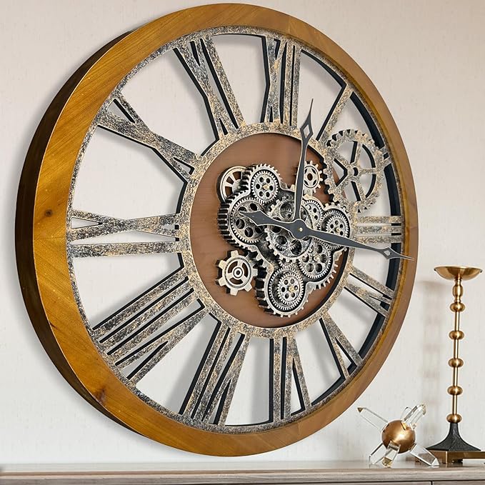 The B-Style Large Real Moving Gears Wall Clock 30 inch Rustic Retro Industrial Farmhouse Wood Clock Oversized Decorative Vintage Wall Clocks for Living Room (Drak Brown and Bronze)