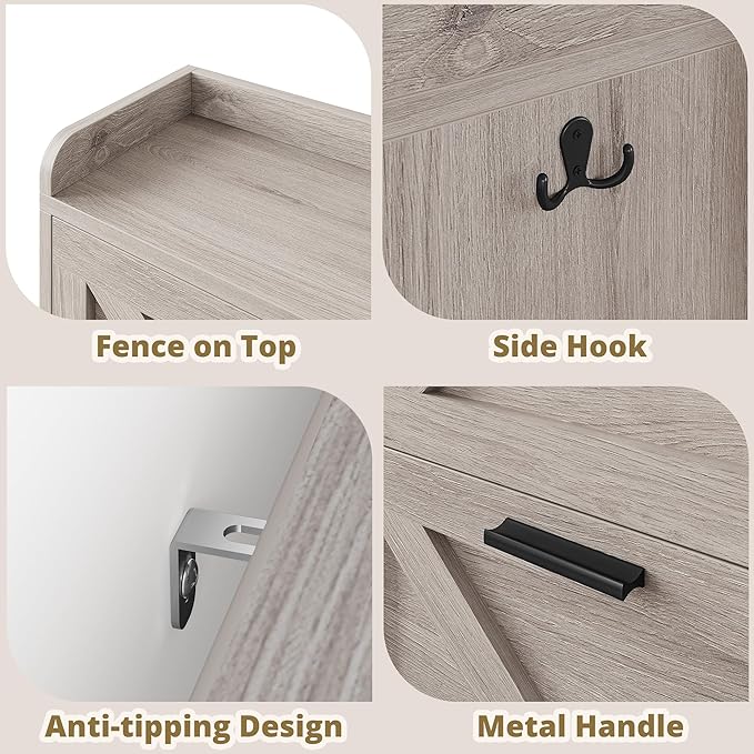 IRONCK Farmhouse Shoe Storage Cabinet with 4 Flip Drawers, Freestanding Shoe Organizer with Adjustable Shelf for Entryway, Narrow Shoe Rack Cabinet for Hallway, Living Room, Gray