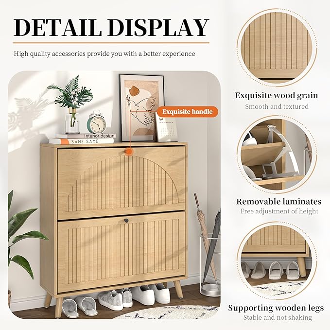 Shoe Storage Cabinet for Entryway with 2 Flip Drawers, Narrow Wood Shoe Cabinet with Fluted Panel, Freestanding Hidden Shoe Organizer for Foyer, Hallway (Wood Color)
