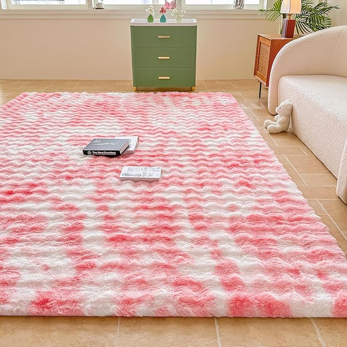 Pink White Rabbit Plush Area Rug for Bedroom Living Room Sofa,6'X9' Faux Fur Fluffy Shaggy Rectangular Square Rug for Kids Teen Girls Room,Furry Carpet Rug for Nursery Baby Room Decor for Teenage