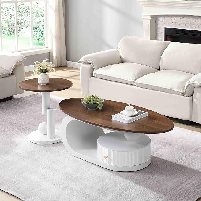 SSLine Luxury Nesting Coffee Table Set with Curved Base Modern Living Room Table Set of 2 Include Oval Coffee Table with Drawer and Round End Table for Living Room Bedroom,White Walnut