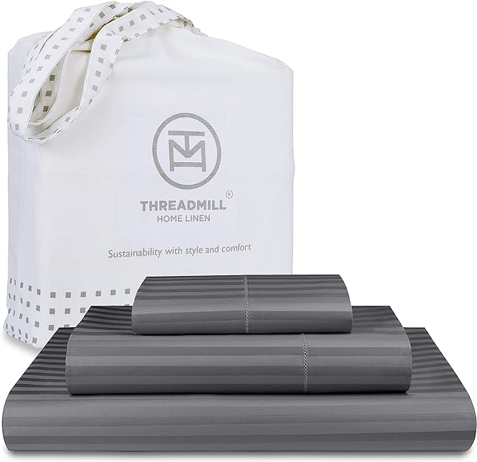 Threadmill 100% Cotton Sheets for Twin Size Bed - 600 Thread Count Twin Bed Sheets Set with 15” Deep Pocket - Damask Stripe Sateen Weave 3-Piece Bedding Set with Cooling Effect, Dark Grey