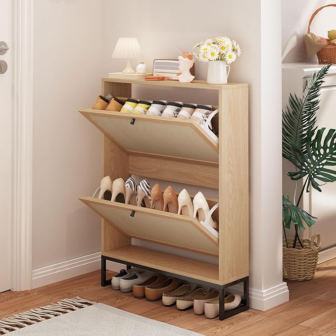 Shoe Cabinet with 2 Flip Drawer Drawer, Modern Shoe Organizer Freestanding Shoe Cabinet Storage, Shoe Storage Shoe Rack for Closet with Linen Doors Drawer in Hallway, Entrance (Natural)