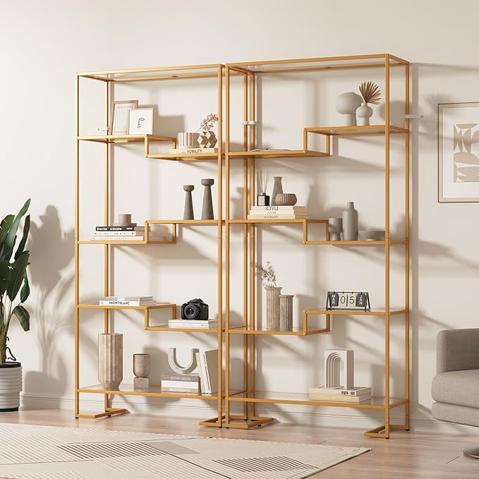 5-Tier Bookshelf, Tempered Glass Display Shelf, Modern Open Shelf Bookshelf, Tall Storage Open Bookcase for Living Room, Home Office, Bedroom, Golden