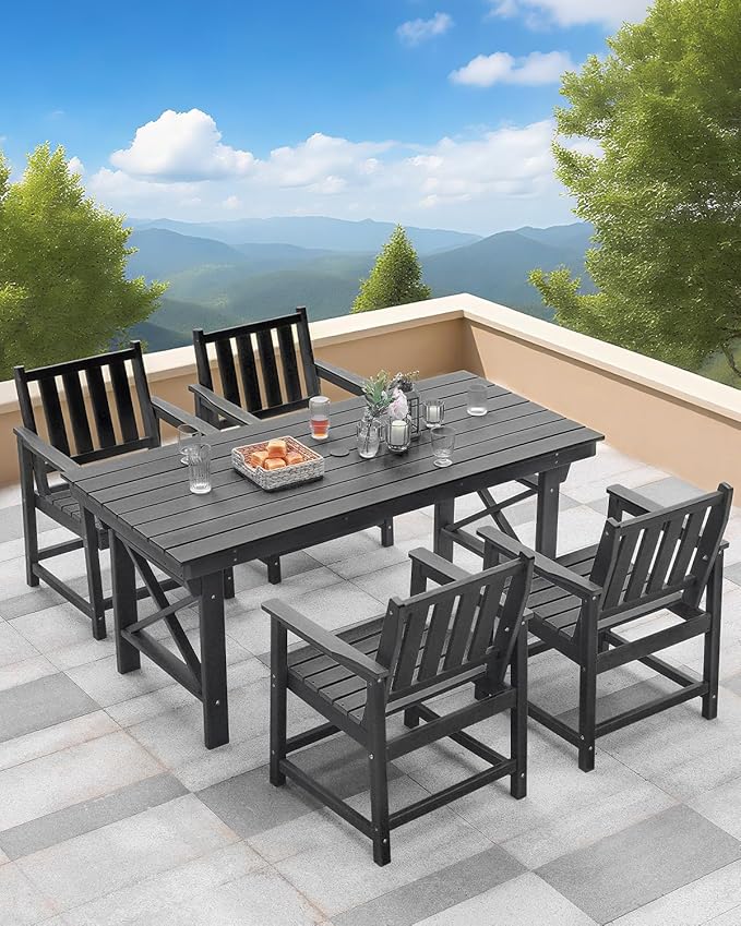 QUASCO 5-Piece Patio Dining Table Sets, All Weather Outdoor HDPE Dining Furniture Set with Umbrella Hole Table and 4 Chairs for Lawn, Garden, Poolside, Backyard, Black