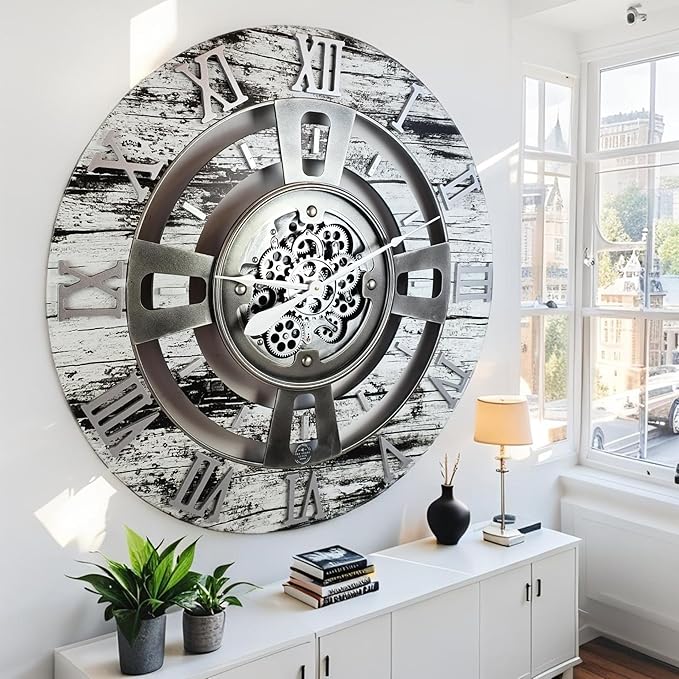 The Gears Clock Real Moving Gear Wall Clock England Line (Grey & White, 36 inches (90 cm))