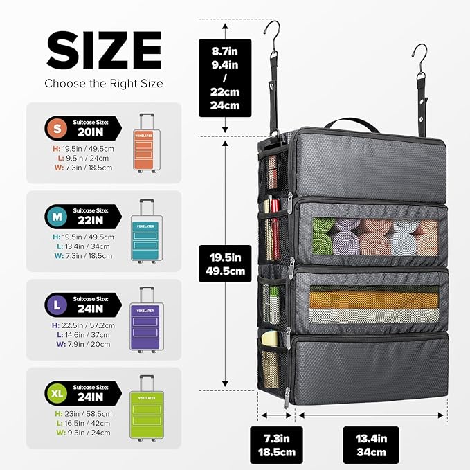 Suitcase Organizer, Travel Luggage Organizer Hanging Shelves Packing Cube Closet/Collapsible Portable Travel Organizer for Carry-on