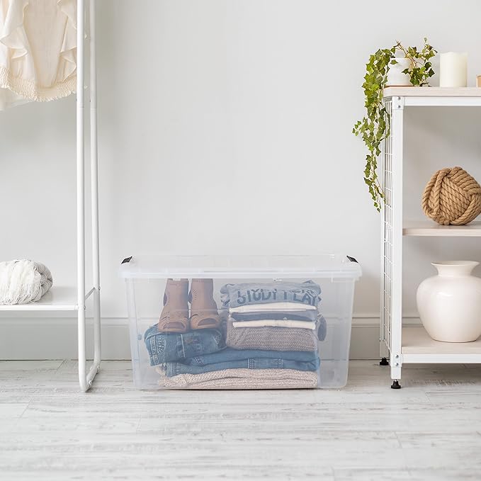 IRIS USA 72 Qt Stackable Plastic Storage Bins with Lids, 4 Pack - BPA-Free, Made in USA - See-Through Organizing Solution, Latches, Durable Nestable Containers, Secure Pull Handle - Clear