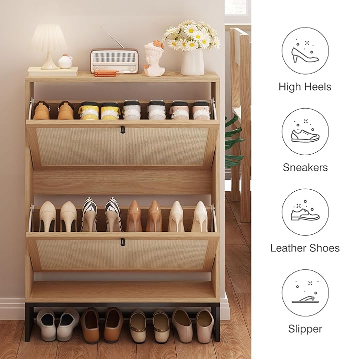 Shoe Cabinet with 2 Flip Drawer Drawer, Modern Shoe Organizer Freestanding Shoe Cabinet Storage, Shoe Storage Shoe Rack for Closet with Linen Doors Drawer in Hallway, Entrance (Natural)