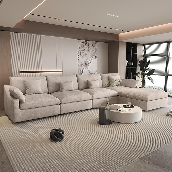 156" Cloud Couch Modular Sectional Sofa with Ottoman,L Shaped Couch, Down Filled Convertible Sofa,Cover Washable and Replaceable Couches for Living Room,Khkai