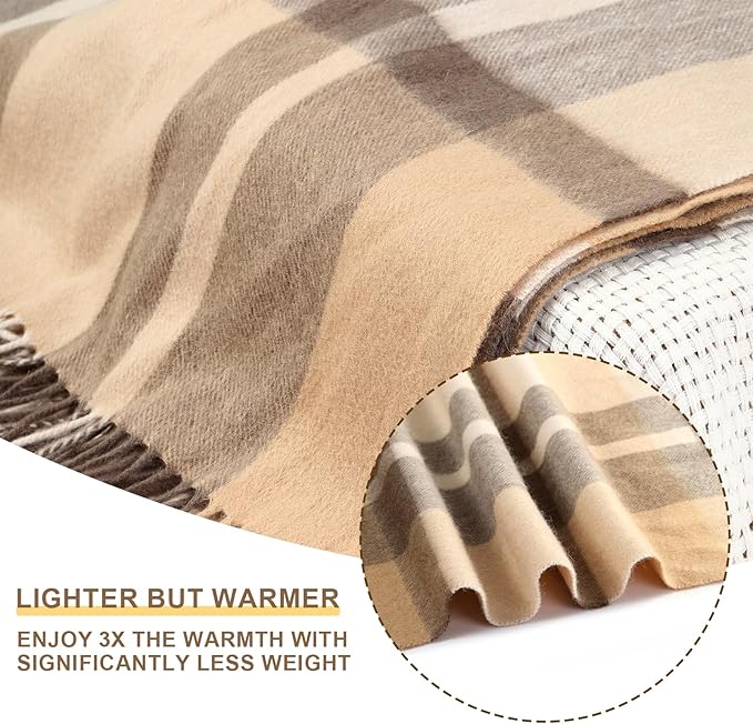 Beige Plaid Throw Blanket for Couch,100% Wool Throw Blanket for Home Decor, Soft Lightweight Cozy All Season Decorative Vintage Blankets for Travel,Bed, Sofa, Chair, Outdoor 55"x83"/1.5LBS