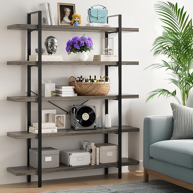 5-Tier Industrial Bookcase, 47 Inch Wide Wood Bookshelf, 120lbs Shelf Capacity, Rustic Open Shelving Heavy Duty Display with Reinforced Horizontal Grey Shelves for Living Room Bedroom Office