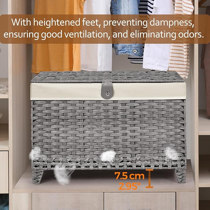 Wicker Storage Basket with Lid,Rattan Shelf Basket with Removable Liner Bag,105L Storage Bin,Storage Trunk with Heightened Feet,Storage Container for Wardrobe,Home Organizer