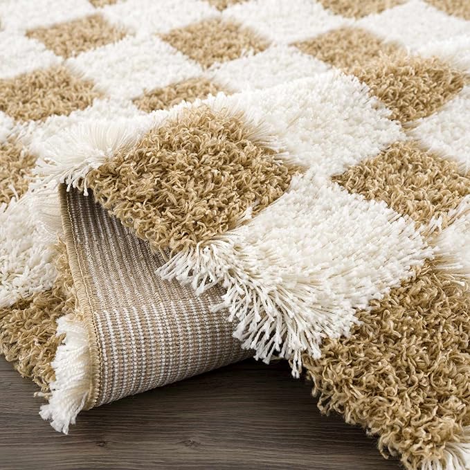 Hauteloom Atira Contemporary Checkered Fluffy Shag Runner Rug - Modern Geometric Carpet Tiles for Hallway, Kids Room - Plush Pile Carpet Squares - Yellow, Cream, White - 2'7" x 7'3"