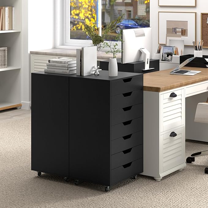 LOKO 7-Drawer Storage Cabinet, Versatile Drawer of Chest with Lockable Wheels, Mobile Office Lateral File Cabinet, for Home Office, Study (Black, 16" D x 19.5" W x 34.5" H)