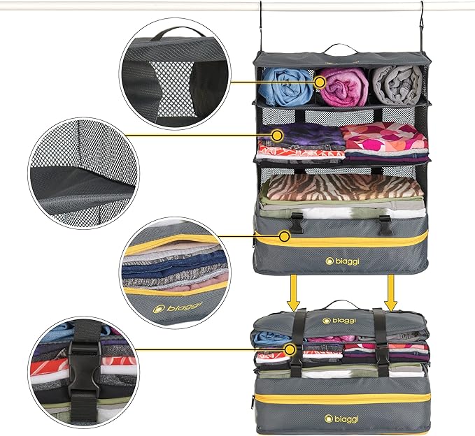 Biaggi Hangmates 3-Tiered ZipCube - Hanging Shelf Cube with Packing Compartments for Travel Organization - Lightweight and Durable - Dimensions 19”x 16” x 11.5” Opened - LARGE