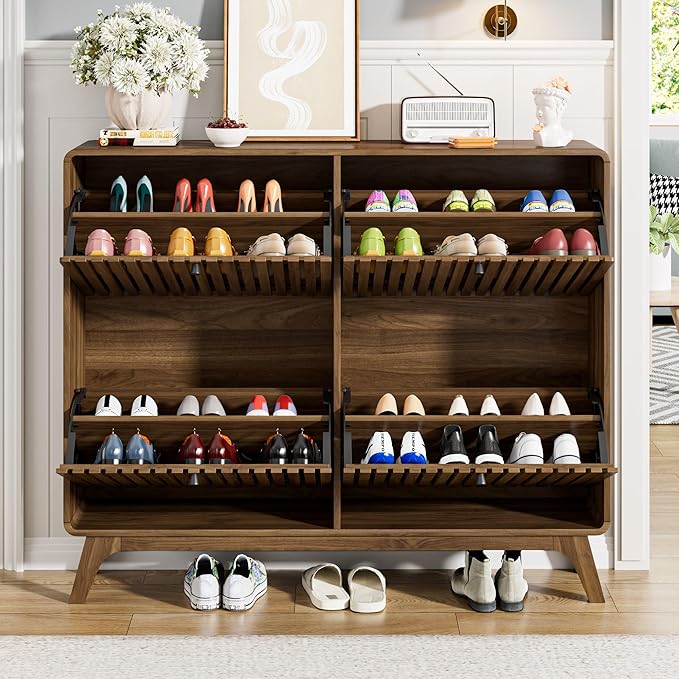 Large Shoe Cabinet for Entryway, Bamboo Narrow Shoe Cabinet Storage with 4 Flip Drawers, Slim Fluted Shoe Rack Organizer for Entry Way, Hallway, Thin, Skinny, Wood, Walnut