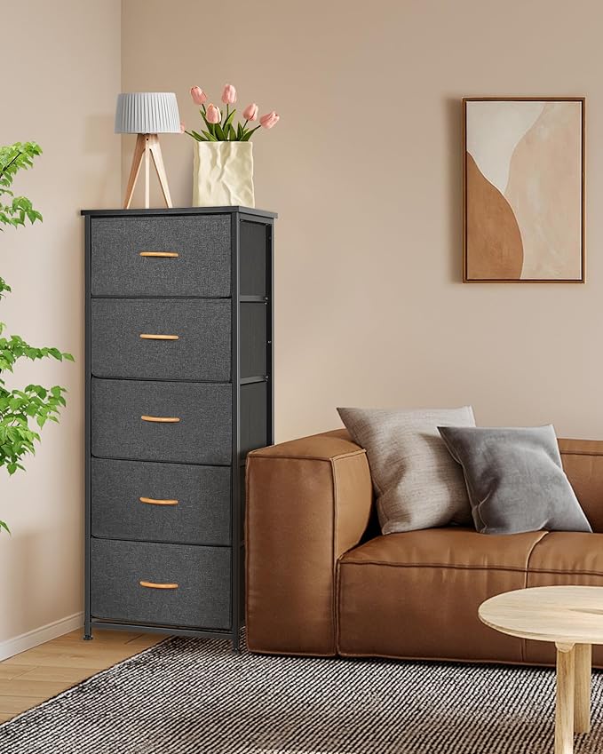 Dresser for Bedroom, Fabric Tall Dresser & Chests of Drawers with 5 Drawers, Vertical Organizer Storage Tower Unit for Bedroom, Hallway Grey